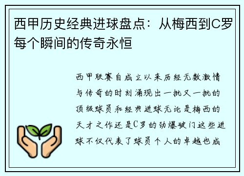西甲历史经典进球盘点：从梅西到C罗每个瞬间的传奇永恒