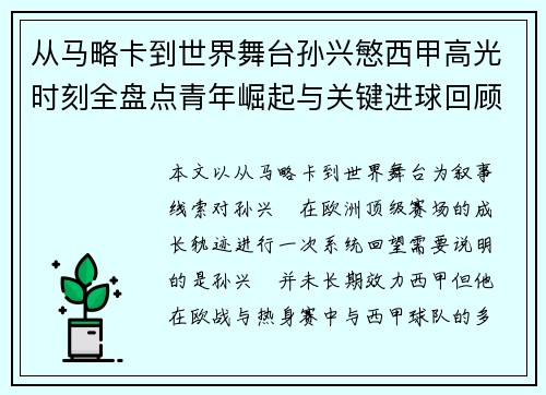 从马略卡到世界舞台孙兴慜西甲高光时刻全盘点青年崛起与关键进球回顾